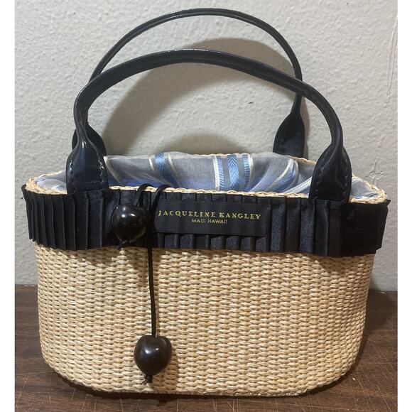 Jacqueline Kangley Maui Hawaii Straw and BlackSquare Drawstring Handbag - Picture 1 of 4